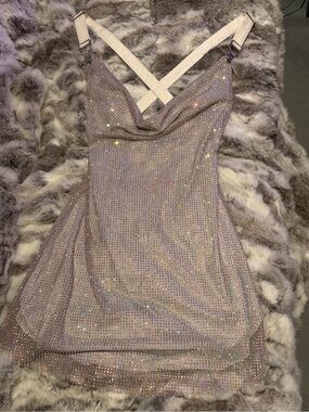Elsie & Fred Diamond rhinestone mini dress with cowl neck and leather straps
